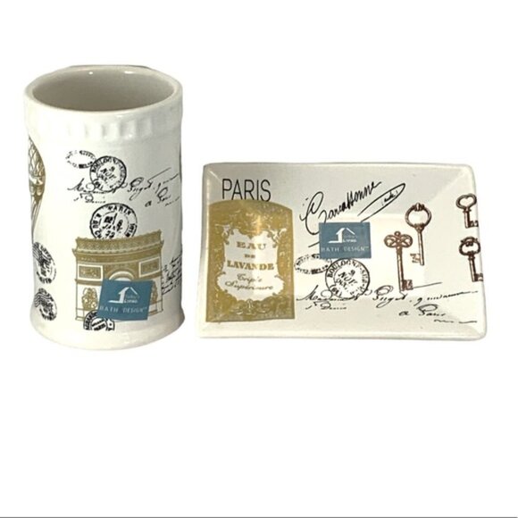 Paris French Parisian 2 Piece Bath Accessory Decor "Carte Postale” White… - Picture 5 of 12